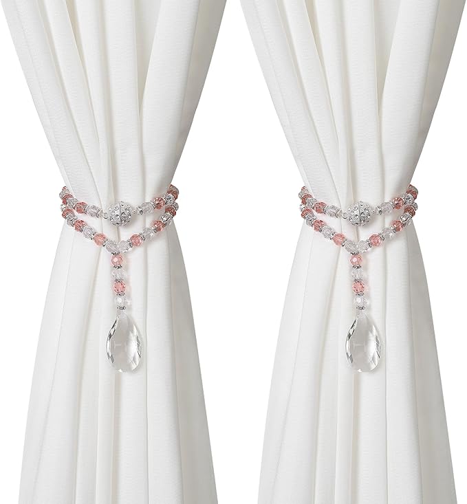 SUQ I OME 1 Pair of Luxury Crystal Beaded Magnetic Curtain Tieback and Holdback Curtain Clips Curtain Buckle Curtain Holder Blingbling Curtain Holdbacks for Drapes,Pink