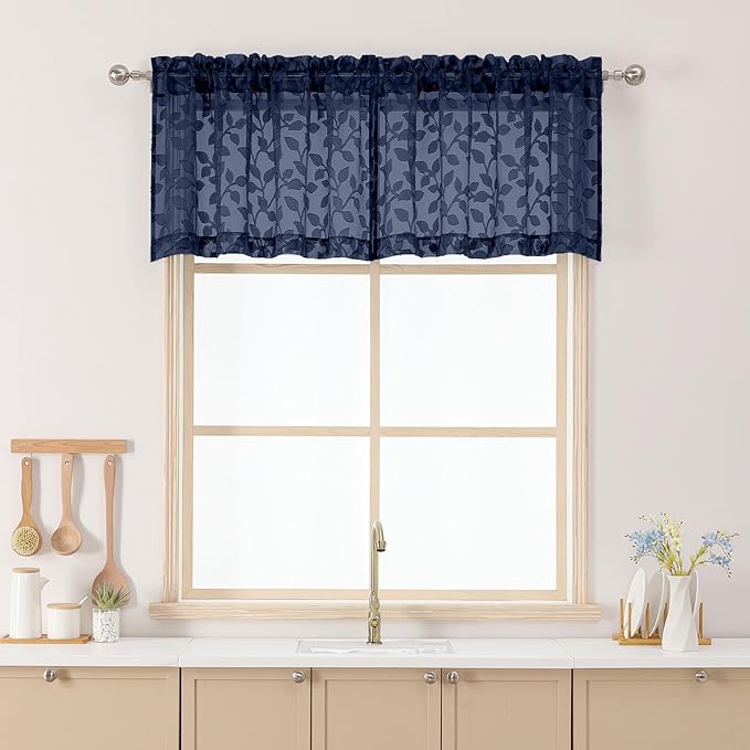 Chyhomenyc Navy Blue Sheer Valances for Windows 18 Inch Length 2 Pcs, Light Filtering Leaf Textured Cafe Short Kitchen Curtains, Top Small Curtain for Living Room Bedroom Basement, 42" W x 18" L