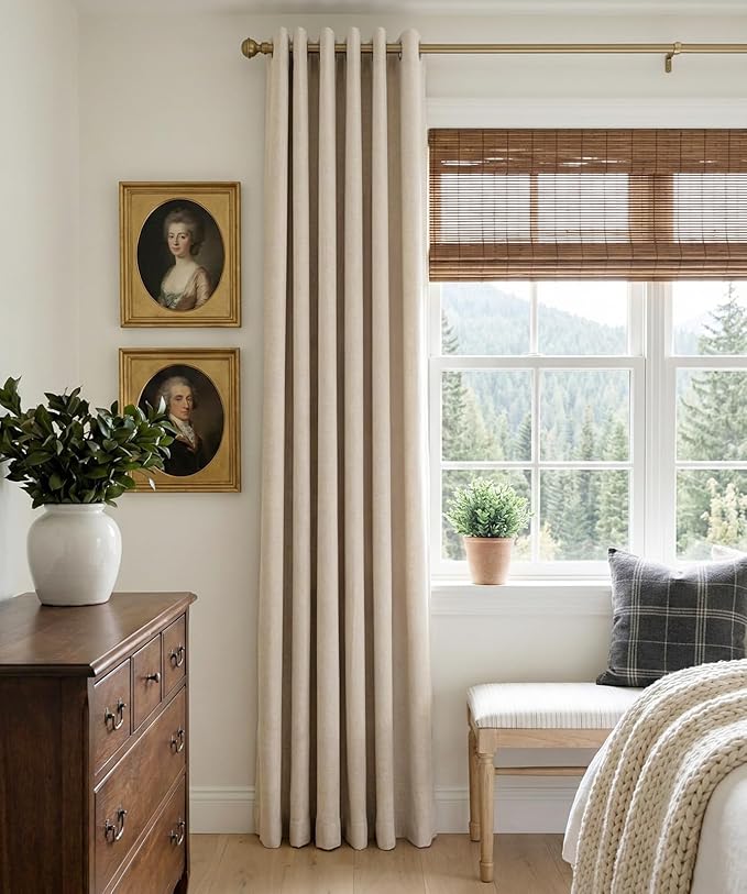 100% Blackout Shield Linen Blackout Curtains for Bedroom, Oatmeal Grommet Curtains for Living Room, Thermal Insulated Room Darkening Drapes for Nursery, Boho Home Decor, 50" W x 84" L, 2 Panels