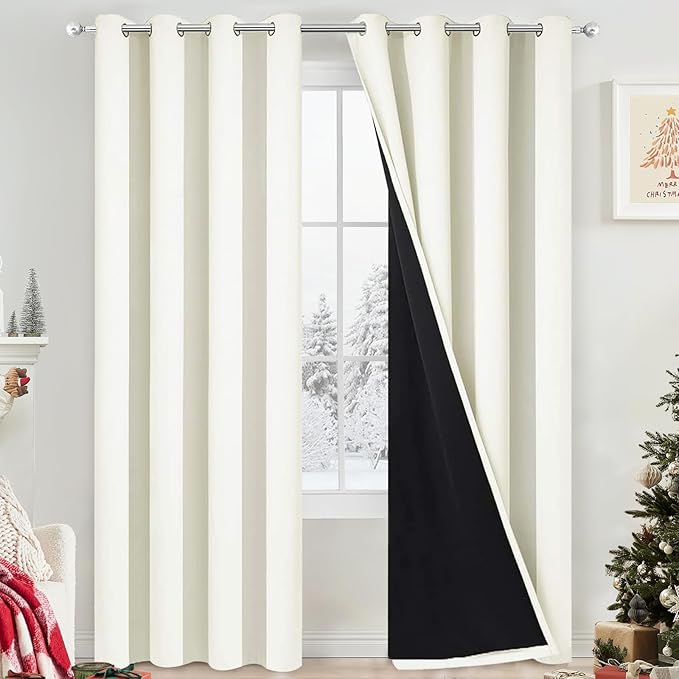 Yakamok 100% Cream Blackout Curtains for Bedroom, Light Blocking Thermal Insulated Noise Reducing Blackout Drapes for Living Room(52Wx84L, 2 Panels)