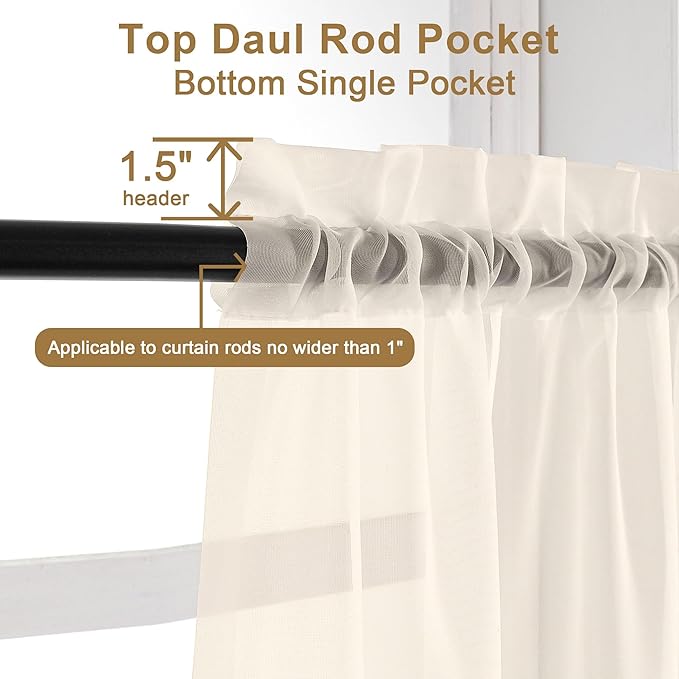 Chyhomenyc Sheer Cream Valances for Windows 2 Pack, Small Window Curtains for Living Room Bathroom Cafe Laundry Basement, Modern Top Dual Rod Pocket Voile Curtain, 42W x 18L inches, Cream