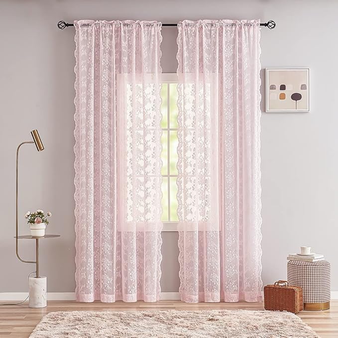 YJ YANJUN Vintage Lace Curtains 96 Inches Long 2 Panels Set Elegant Chic Floral Pink Sheer Curtain Panles for Girls Baby Living Room Bedroom Girly Preppy Room Decor Light Filtering 52" W x 96" L