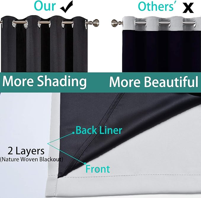 Yakamok 100% Blackout Curtains 108 Inches Long, 2 Thick Layers Thermal Insulated Curtain Panels for Bedroom, Full Light Blocking Drapes with Black Liner (52" Wide Each Panel, Light Grey, 2 Panels)