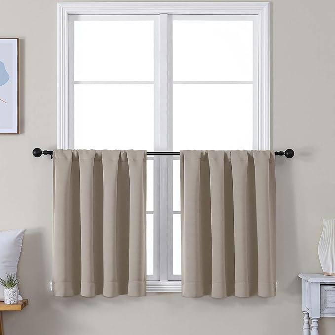 Simplebrand Ava Stone Short 30 Inches Blackout Curtain 2 Panels Set, Half Window Rod Pocket Privacy Curtain Tiers for Kitchen, Curtains Blackout for Bathroom Shades, W30 x L30 Inch, Stone