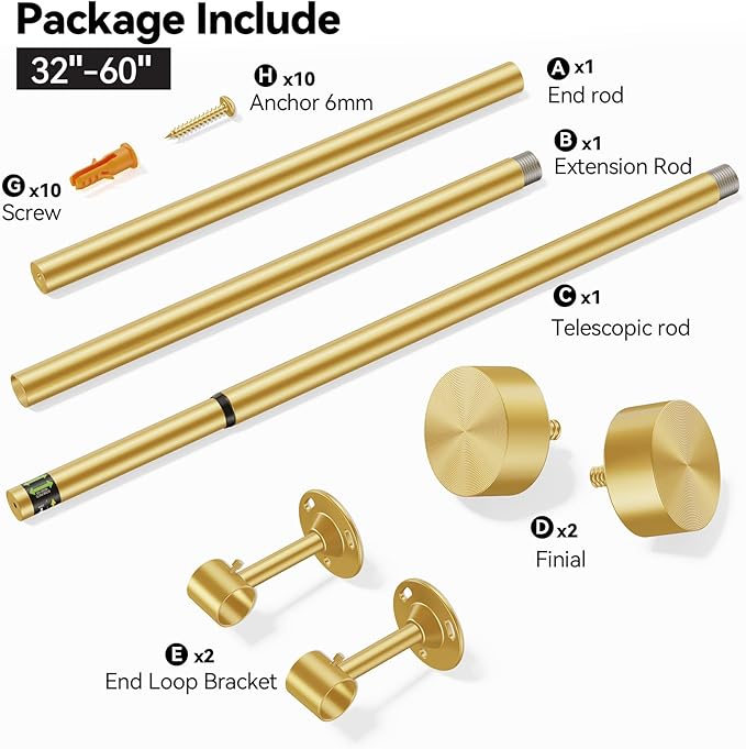 YaFex Heavy Duty Curtain Rods 32-60 Inch, 1 Inch Adjustable Gold Curtain Rod for Windows,Short Window Treatment Rods with Aluminium Finials, Easy Installation
