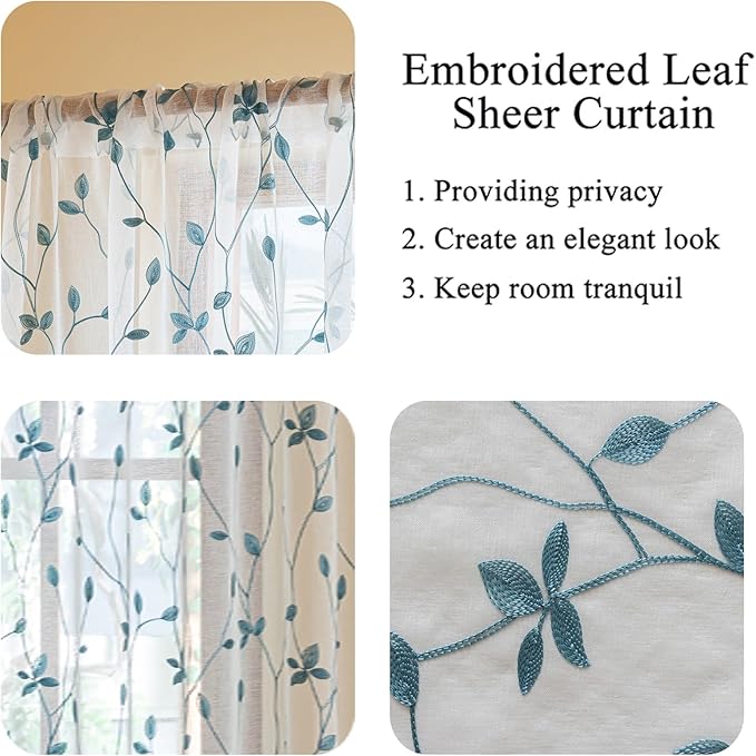 AmHoo 2 Panels Embroidered Leaf Pattern Semi Sheer Curtains Foliage Floral Voile Window Draperies Treatment for Bedroom Living Room Rod Pocket White Teal 53 x 95 Inch