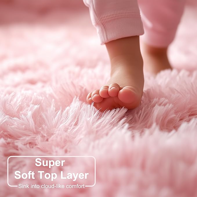 Amdrebio Light Pink Round Circle Rug 4Ft for Girls Bedroom, Fluffy Cute Area Rugs for Kids Room Decor Aesthetic, Kawaii Shag Fuzzy Fur Carpet for Nursery, Preppy Dorm, Classroom, Playroom, Teen, Baby
