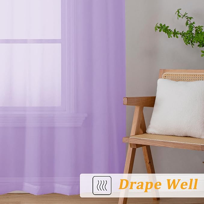 Gwine Lilac Sheer Curtains 63 Inch Length for Living Room 2 Panels, Light Filtering Rod Pocket Window Curtain Treatment for Bedroom, Voile Elegant Sheer Drapes，Each 42" Wx63 L, Lilac