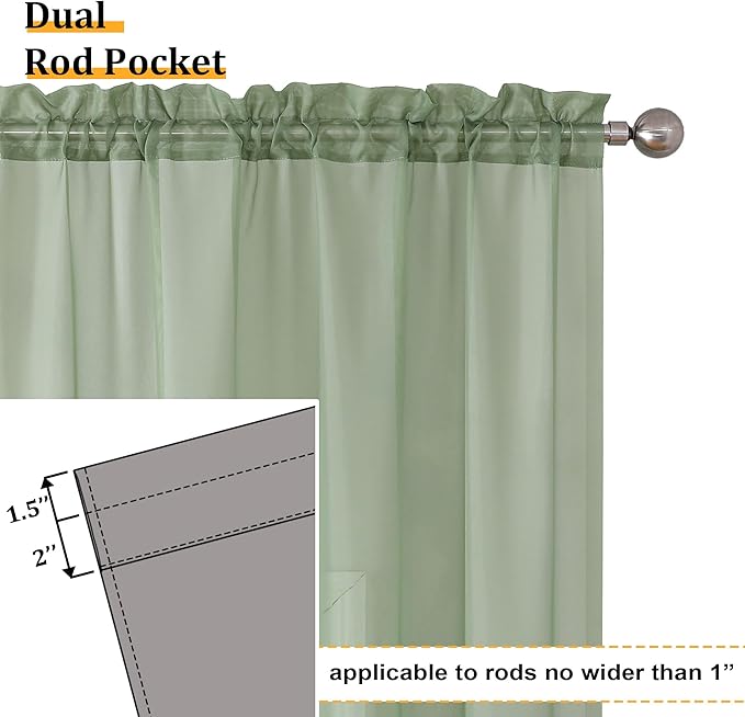 Aiyufeng Sage Green Sheer Curtains 90 Inch Length 2 PCS, Rod Pocket Voile Drapes for Bedroom Living Room, Semi Sheer Curtain Panels Window Treatments for Yard/Patio/Villa/Parlor, 42"x 90", Sage Green