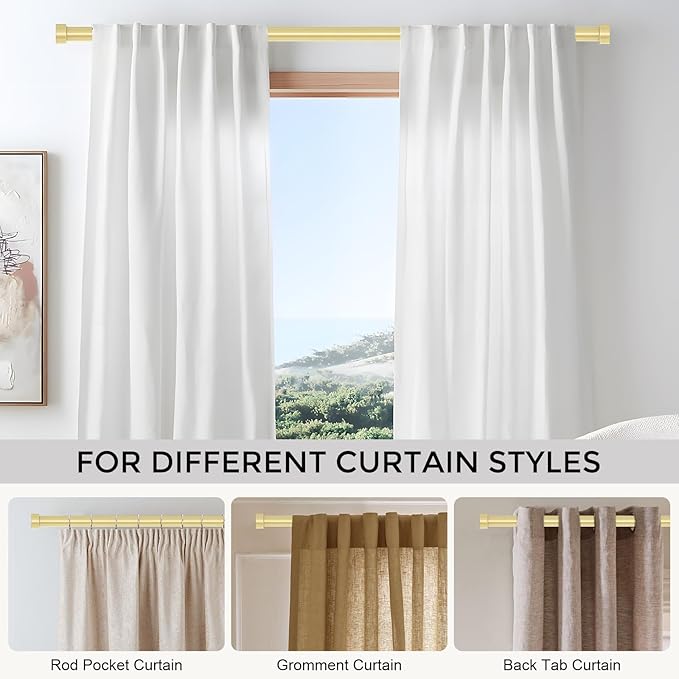 VOIIY Gold Curtain Rods for Windows 72 to 144 Inch(6-12 Feet),1" Diameter Rods with Modern Style End Cap Finials,Size:36-144 Inch