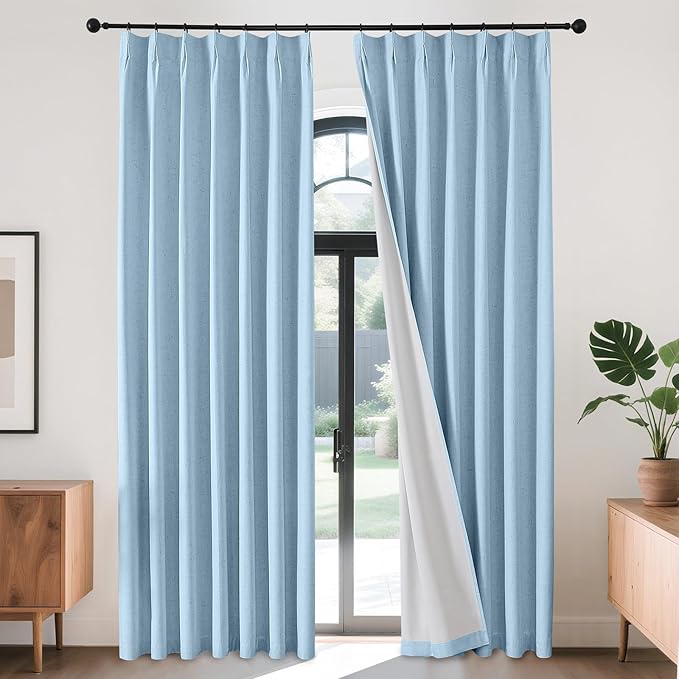 Joydeco Pinch Pleated Linen Curtains Darkening Drapes for Bedroom, 100% Blackout Drapes 96 inches Long 2 Panels Heat Blocking Curtains(Chambray Blue,40'' Wx96'' L)