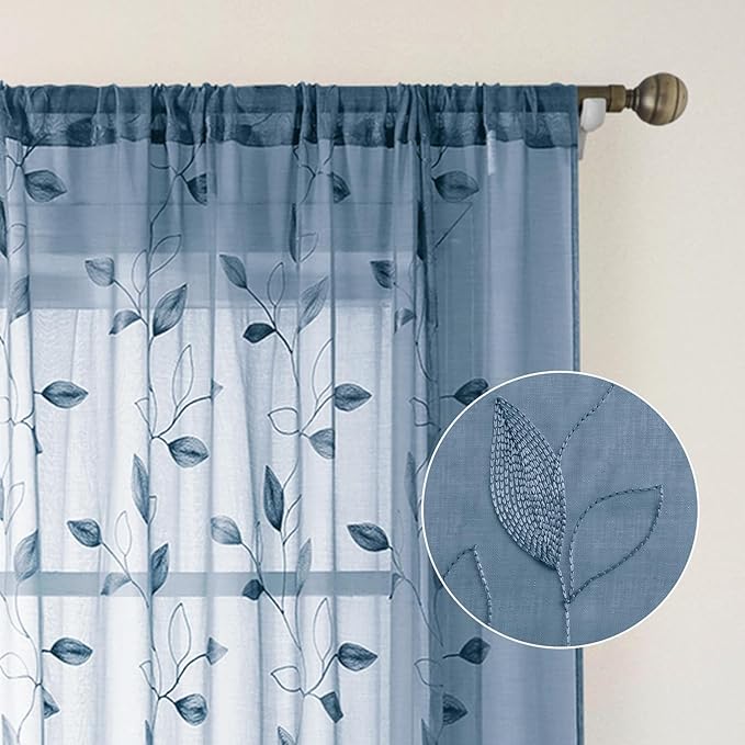 HOMEIDEAS Stone Blue Floral Sheer Curtains 63 Inches Long 2 Panels Embroidered Pattern Semi Sheer Window Curtains for Bedroom Living Room