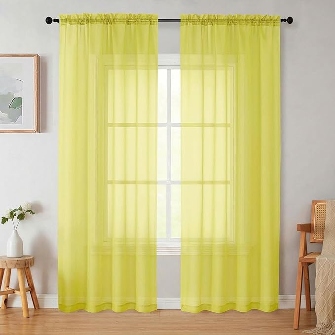 Sheer Curtains 84 Inches Long 2 Panels Set for Bedroom Living Room, Soft Airy Light Filtering Modern Solid Rod Pocket Drapes Window Treatments, Lemon, Each 42" W x 84" L