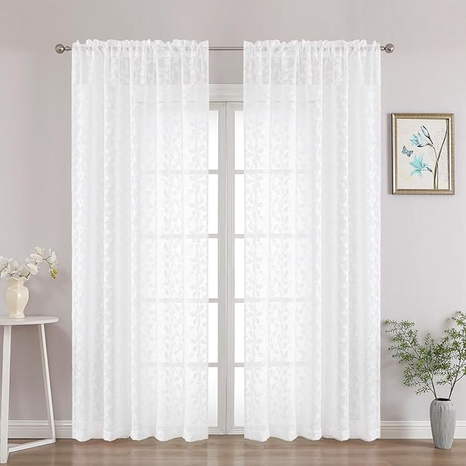 Chyhomenyc White Sheer Curtains 84 Inch Length 2 Panels Set, Light Filtering Tufted Textured Soft Airy Rod Pocket Gentle Leaf Window Treatment Drapes for Bedroom Living Room, 52" Wx84 L, 2PCS