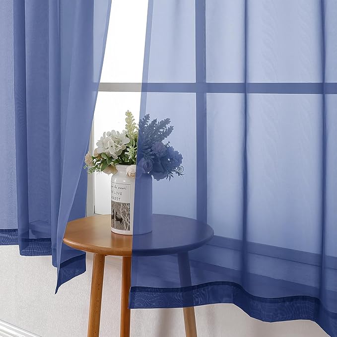 Lecloud Royal Blue Sheer Curtains 54 Inch Length 2 Panels, Voile Light Filtering Curtains with Rod Pocket, Transparent Tulle Window Treatments for Bedroom Laundry, Each Panel 42 X 54 Inch