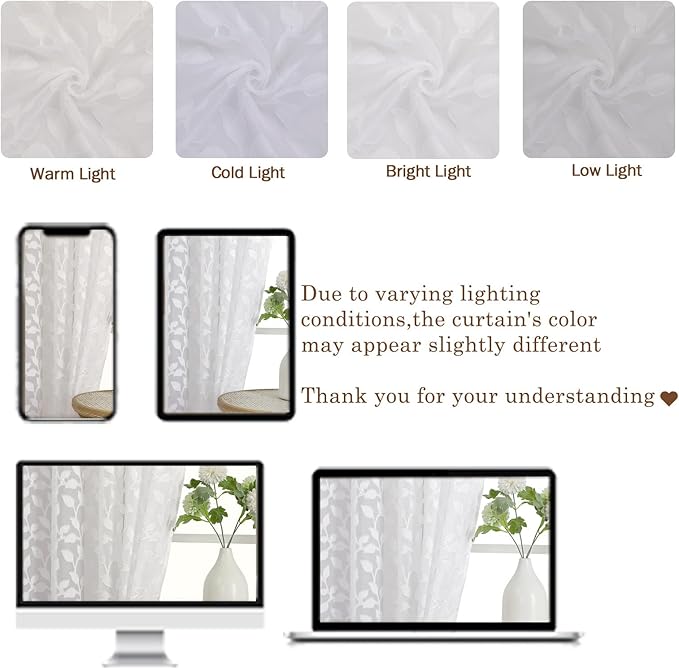 Chyhomenyc White Sheer Valances for Windows 14 Inch Length 2 Pcs, Light Filtering Leaf Textured Cafe Short Kitchen Curtains, Top Small Curtain for Living Room Bedroom Basement, 42" W x 14" L