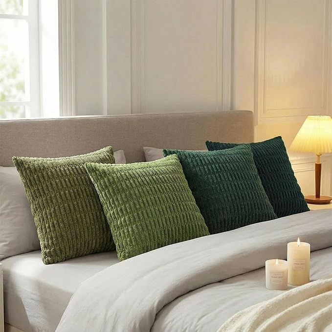 Fancy Homi Set of 4 Green Winter Decorative Throw Pillow Covers 14x14 Inch for Couch Bed Chair, Aesthetic Rustic Boho Room Decor, Soft Fuzzy Double Sided Thick Corduroy Textured Cushion Case 35cm