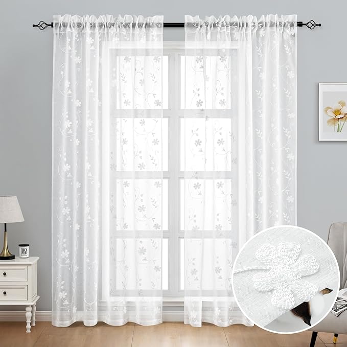 HOMEIDEAS White Sheer Curtains 84 Inches Long 2 Panels White Embroidered Floral Pattern Semi Sheer Window Curtains for Bedroom Living Room
