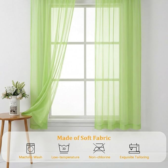 Gwine Short Kitchen Sheer Curtains 36 Inch Length - Light Filtering Voile Small Half Window Curtain for Basement, Rod Pocket Cafe Curtains for Bathroom Cabinet, 42Wx36L Inch, 2 Panels, Lime