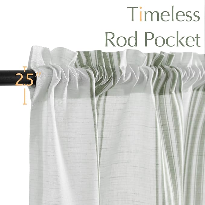 jinchan Striped Linen Valance Curtain 16 Inch Vertical Striped Valance for Kitchen Bathroom Light Filtering Window Treatment Rod Pocket Farmhouse Rustic Semi Sheer Short Window Curtain 1 Panel Green