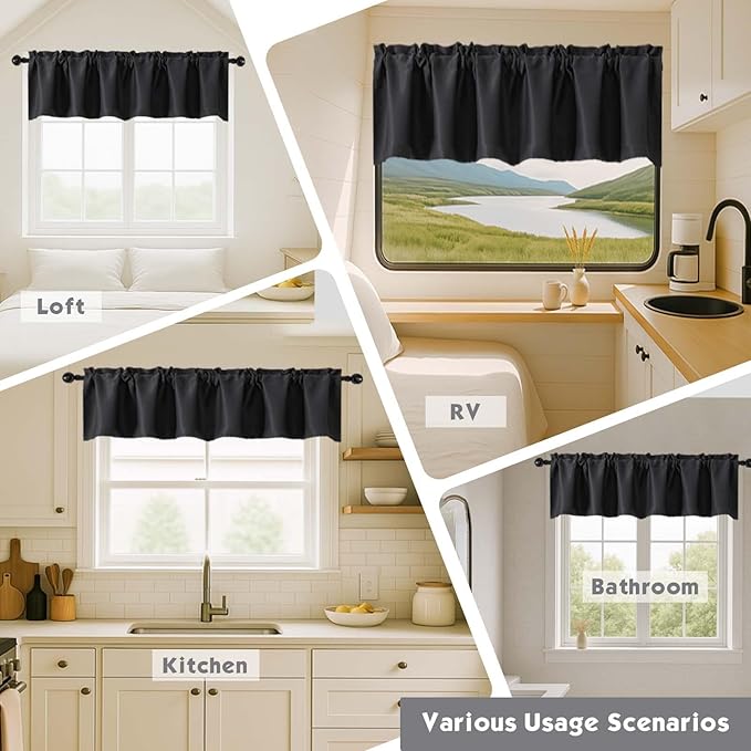 Chyhomenyc Black Valances for Window, Room Darkening Short Curtains for Kitchen Bedroom Living Room, Rod Pocket Top Small Window Treatment Valance RV Bunk Panels, 40" Wx14 L, 2 Pieces