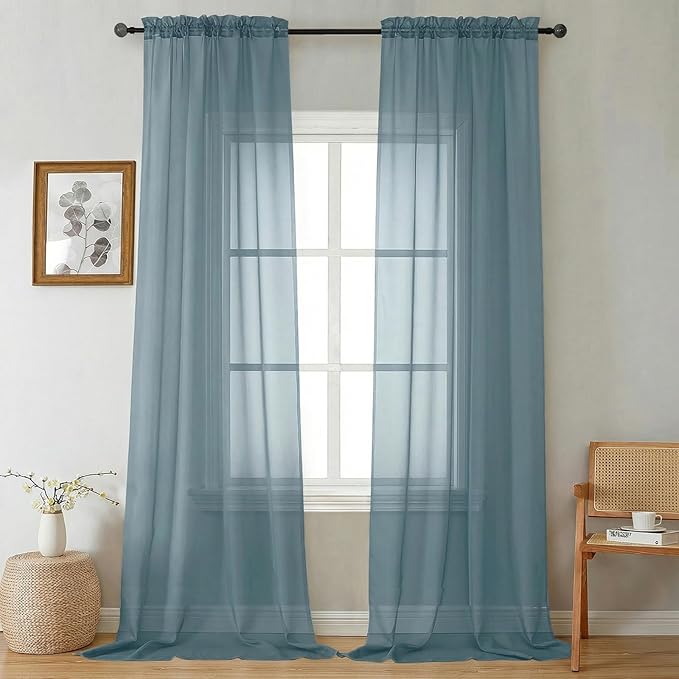 Gwine Extra Long Sheer Curtains 108 Inches Long - Light Filtering Rod Pocket Window Curtain Panels for Bedroom, Elegant Soft Voile Living Room Sheer Drapes, Each 42Wx108L, 9FT, 2 Panels, Dusty Blue