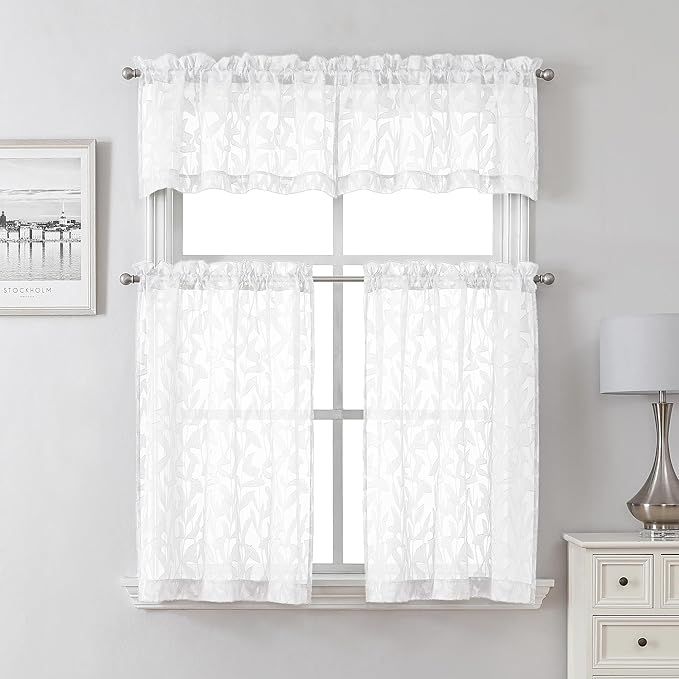Lecloud Leia Texture White Curtains Sheer Valance 14 Inch Long 2 PCS, Dual Rod Pockets Window Small Curtain Kitchen/Bedroom/Living Room, Light Filtering Clip Jacquard Leaf Curtains Valance, 38W x 14L