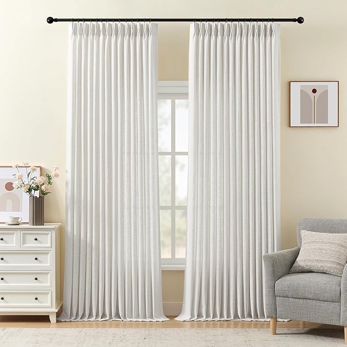 IVAPUPU 108 Inch Linen Blend Curtains for Living Room, Pinch Pleated Curtain Light Filtering Memory Trained Floor to Ceiling Semi Sheer Drapes with Hooks Rings for Bedroom, 40W, Beige White, 2 Panels