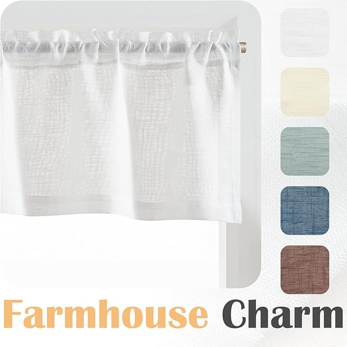 jinchan Sheer Valance Curtain Linen Textured Valance for Kitchen Living Room Bedroom Voile Window Light Filtering Farmhouse Country Rod Pocket 1 Panel 16 Inch Length White