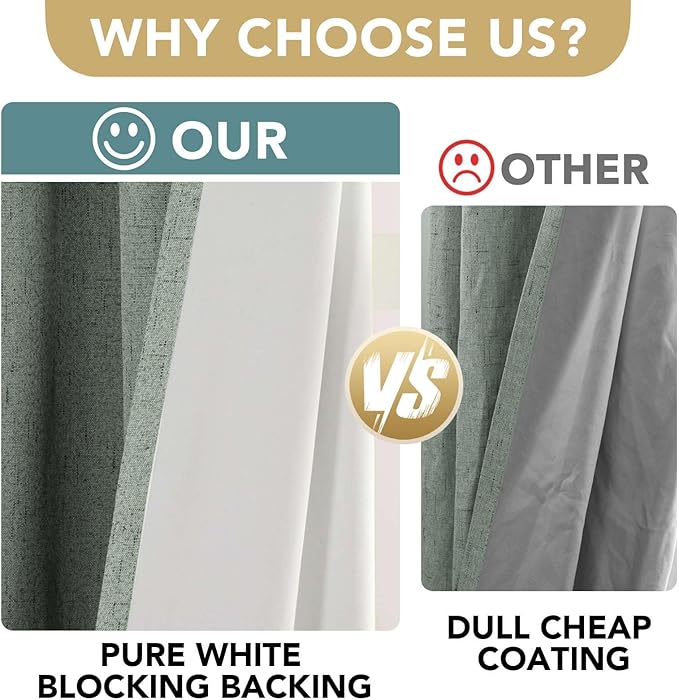 H.VERSAILTEX Linen Blackout Curtains 108 Inches Long 100% Blackout Thermal Insulated Textured Linen Look Curtain Draperies Anti-Rust Grommet, Energy Saving with White Liner, 2 Panels, Green Bay