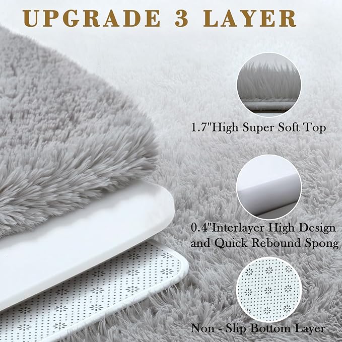 Ultra Soft Rug for Living Room, 3x5 Feet Grey Shag Area Rugs for Living Room, Modern Shaggy Carpets for Teens Dorm Nursery Home, Non Slip Indoor Rugs Floor Carpet(3 x 5, Light Grey)