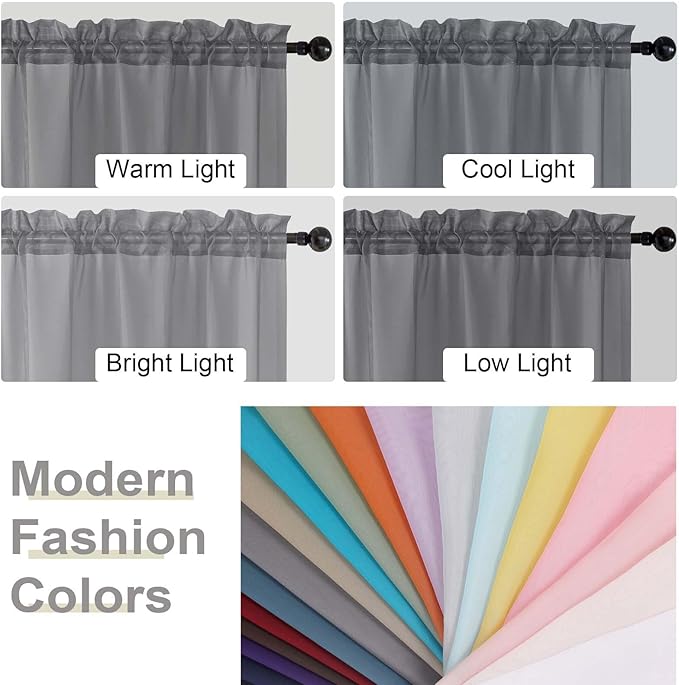 Kitchen Curtains 24 Inch Length Tier 2 Pieces, Grey Sheer Curtain Solid Soft Sheer Short Curtains for Windows, Cafe Bathroom Basement Rod Pocket Drapes, Grey, Each 42" Wx24 L Inch