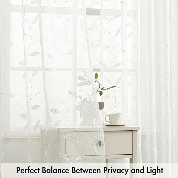 MIULEE Ivory Sheer Curtains 2 Panels Embroidered Leaf Patterned Rod Pocket Floral Semi Sheer Faux Linen Short Window Curtains Drapes Set for Kitchen Bathroom Cafe, 30x24 Inches Length