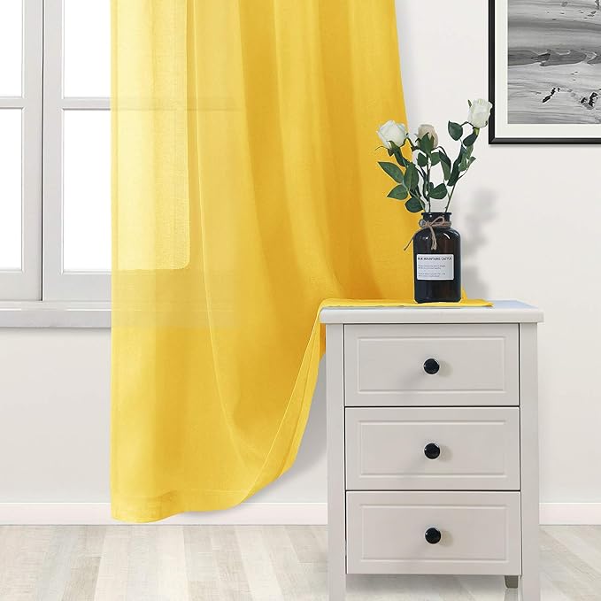 DWCN Yellow Sheer Curtains Semi Transparent Voile Rod Pocket Curtains for Bedroom and Living Room, 42 x 45 inches Long, Set of 2 Panels