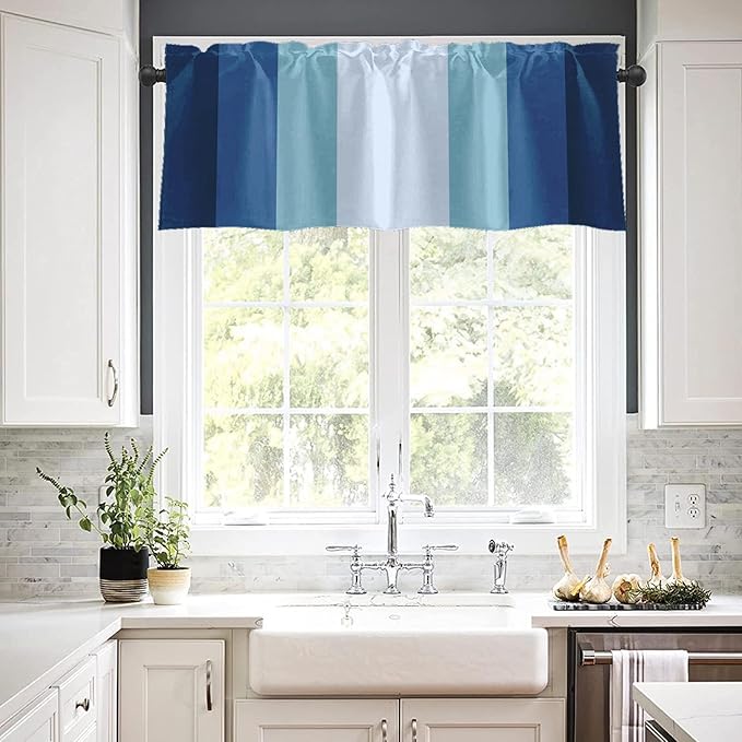 Emvency 2 Pack Valances Window Treatments, Striped Blue Coastal Nautical Modern Navy Drapes Adjustable Curtain for Windows Living Room Kitchen Over Sink, 52x18 Inch Rod Pocket Valances