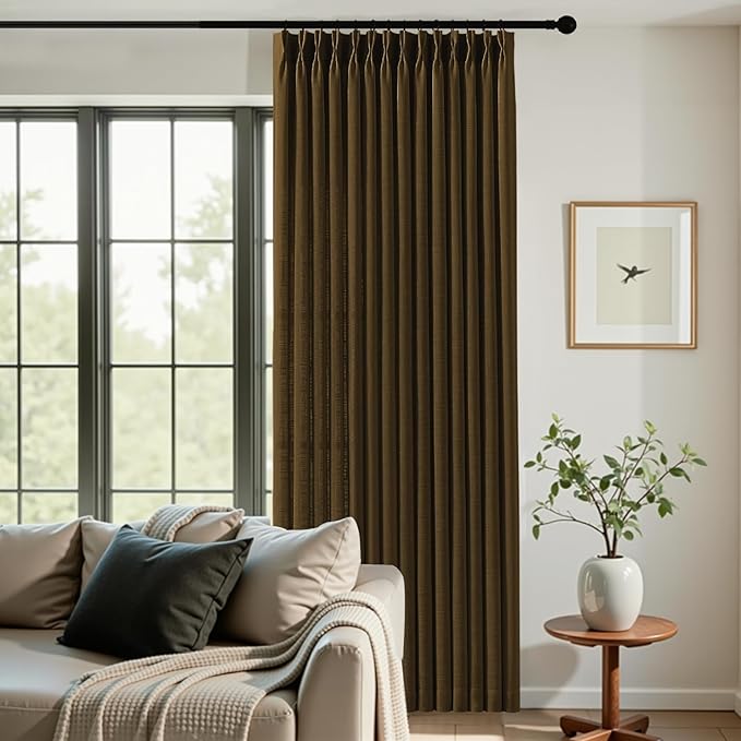 Pinch Pleated Linen Curtains 84 Inch Length 2 Panels Set, Light Filtering Linen Semi Sheer Drapes Memory Trained Pleated Curtain Back Tab for Living Room Farmhouse with Hooks Rings, Dark Chocolate