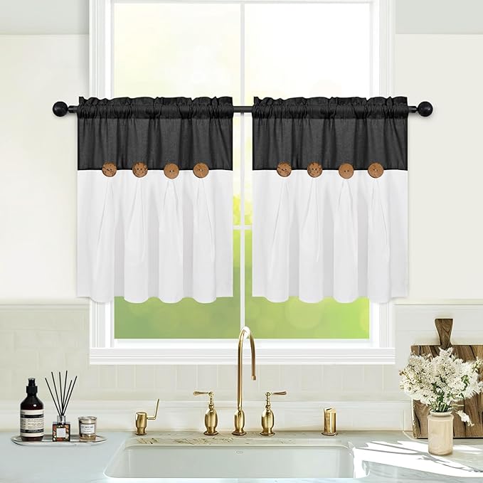 Boho Kitchen Curtains 24 Inch Length, Farmhouse Cotton Linen Tier Curtains, Rustic Button Short Curtain for Windows, Black Country Cafe Curtain, Rod Pocket Small Window Drapes for Kitchen, 26x24