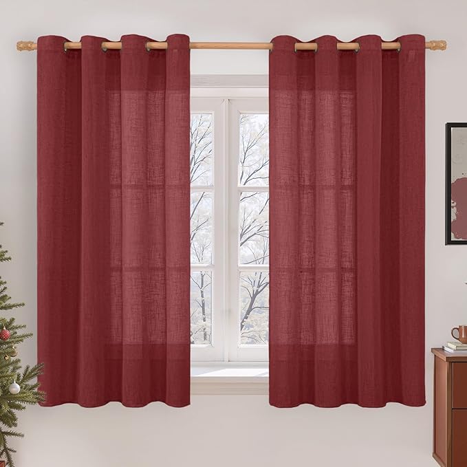 LAMIT Burgundy Red Semi Sheer Linen Curtains 45 Inches Long, Light Filtering Panels Bronze Grommet Christmas Decor Drapes for Bedroom/Window/Farmhouse, 2 Panels, 52 x 45 Inch