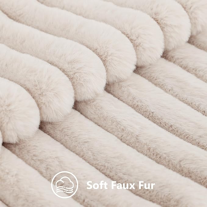 decorUhome Summer Cozy Faux Fur Throw Pillow Covers 16x16 Set of 2 Decorative Soft Plush Striped Modern Farmhouse Boho Couch Pillow Cases with Velvet Back for Sofa Bed Living Room, Beige