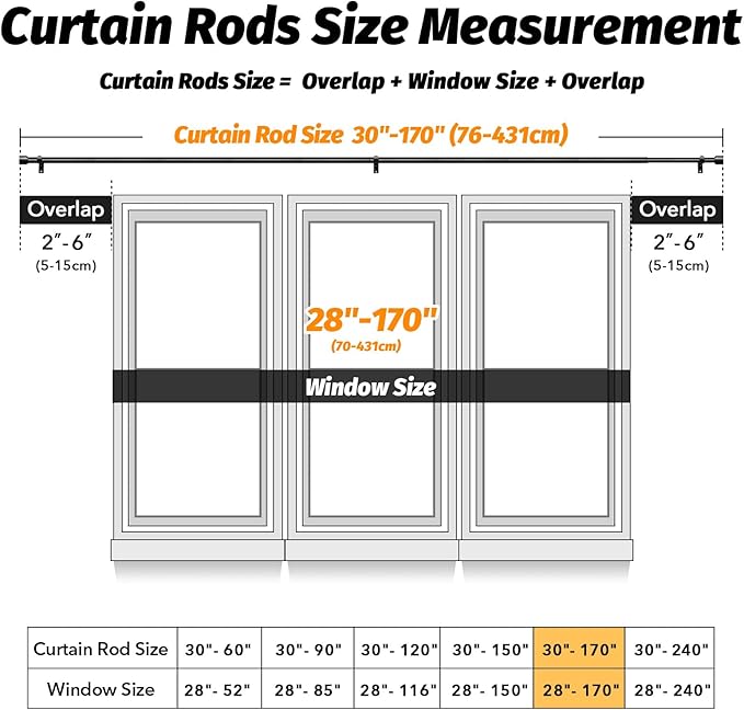 GEEBOBO Black Curtain Rods for Windows 120 to 170 Inch, 1 Inch Extra Long Heavy Duty Easy Install Adjustable Curtain Rods Set for Outdoor, Farmhouse, Bedroom, Living Room (Black, 30"-170")