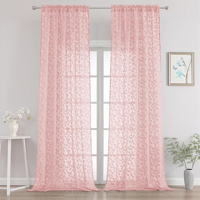 Chyhomenyc Blush Pink Sheer Curtains 90 Inch Length 2 Panels Set, Light Filtering Tufted Textured Soft Airy Rod Pocket Gentle Leaf Window Treatment Drapes for Bedroom Living Room, 52" Wx90 L, 2PCS