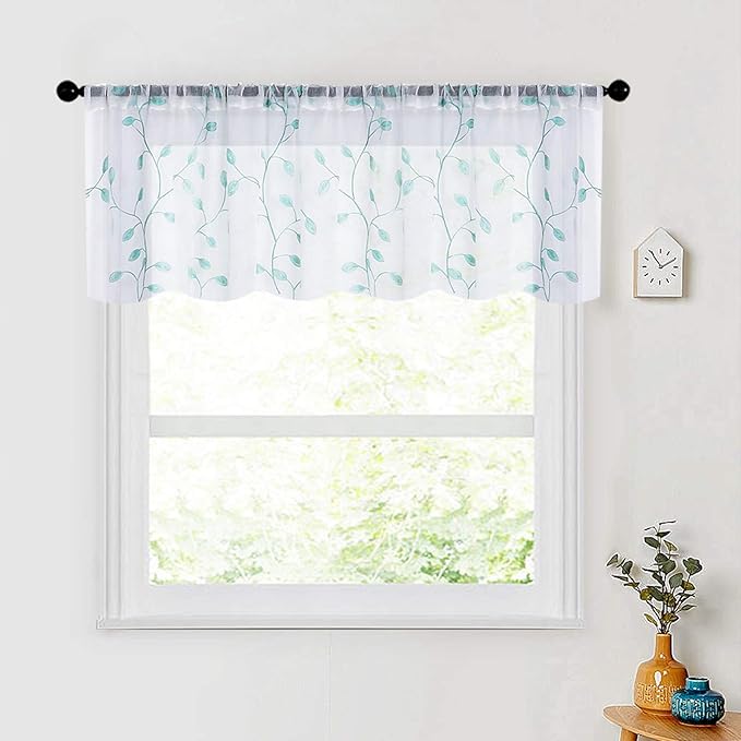 MRTREES Sheer Christmas Curtain Valance, Leaves Embroidered Small Valances Curtains Rod Pocket, Short Window Treatment Panels for Living Room Bedroom Kitchen(1 Panel, 54x16 Inches, Aqua Blue Leaves)