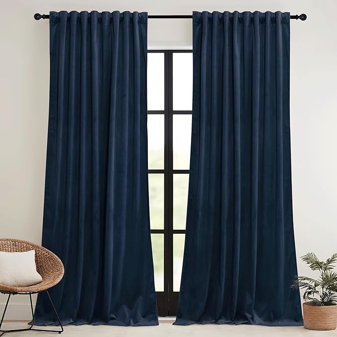 RYB HOME Navy Blue Velvet Curtains 72 inches with Hook Belt, Soft Fabric Room Darkening Thermal Insulated Luxurious Home Decor Curtains for Living Room Bedroom, W 52" x L 72", 2 Panels Set