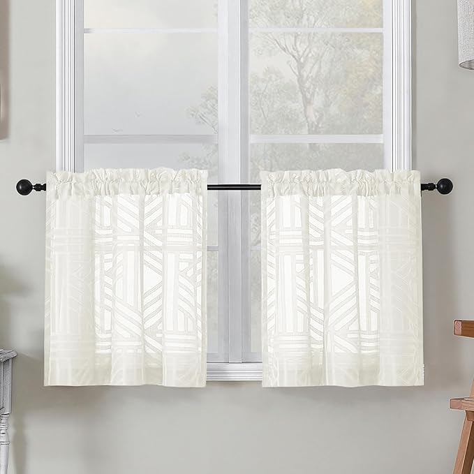 Simplebrand Sheer Ivory Kitchen Curtains 24 Inch Length Tier Curtains 2 Panels, Light Filtering Geometric Jacquard Clip Textured Semi Sheer Short Window Curtains for Bathroom, 30x24 inch