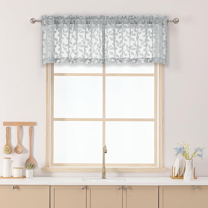 Chyhomenyc Light Grey Sheer Valances for Windows 14 Inch Length 2 Pcs, Light Filtering Leaf Textured Cafe Short Kitchen Curtains, Top Small Curtain for Living Room Bedroom Basement, 42" W x 14" L