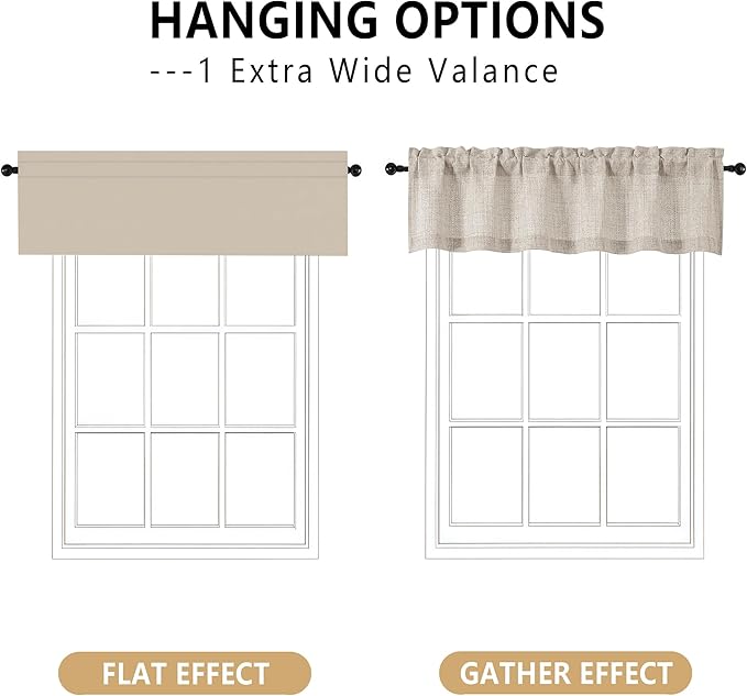 OVZME Valance for Windows, Light Filtering Faux Linen Textured Small Kitchen Valances for Windows, Dual Rod Pocket Farmhouse Short Curtain for Bathroom Basement, 60Wx22L inch, 1 Piece, Linen Color