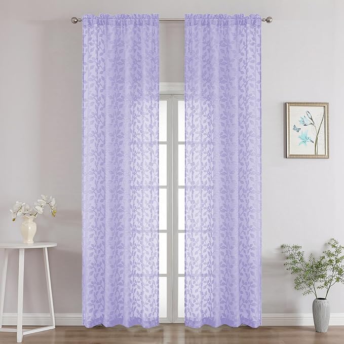 Chyhomenyc Light Purple Sheer Curtains 96 Inch Length 2 Panels Set, Light Filtering Tufted Textured Soft Airy Rod Pocket Gentle Leaf Window Treatment Drapes for Bedroom Living Room, 42" Wx96 L, 2PCS