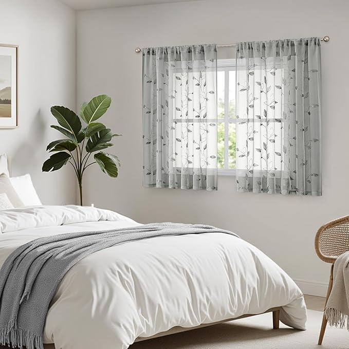 HOMEIDEAS Grey/Gray Sheer Kitchen Curtains 52 x 45 Inch Length 2 Panels Embroidered Leaf Pattern Short Curtains for Bedroom Half Small Window Rod Pocket Tiers