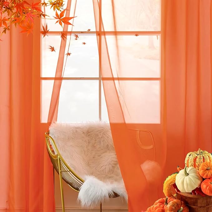 youleyar Solid Sheer Rod Pocket Curtain Voile Draperies 2 Panels White Beige Black Grey Coffee 52 Inch Width 96 Inch Long 1 Pair for Kitchen Bedroom Children Living Room Yard (Burnt Orange,52Wｘ96L)
