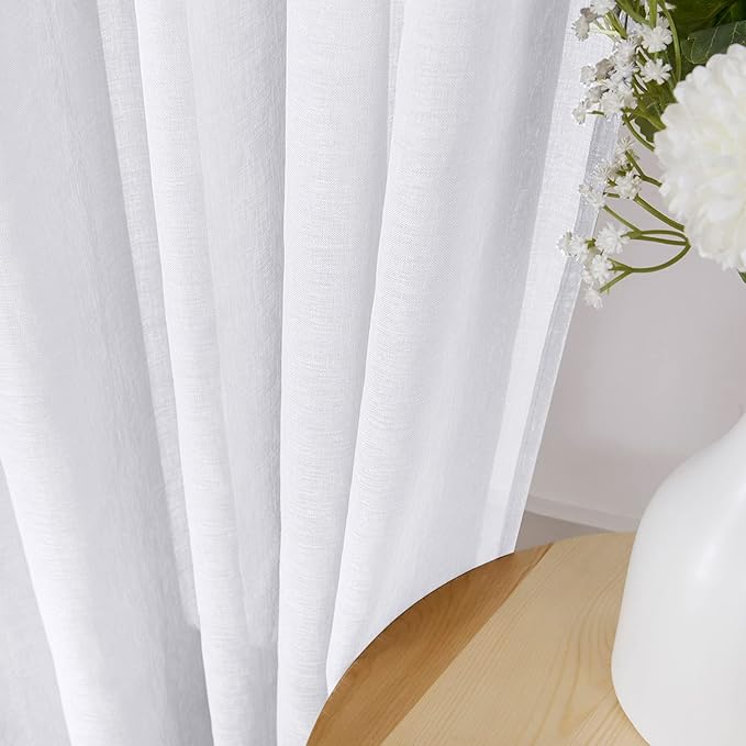 Tollpiz Sheer Curtains Linen Textured Bedroom Curtain Sheers Light Filtering Rod Pocket Voile Curtains for Living Room, 54 x 63 inches Long, White, Set of 2 Panels